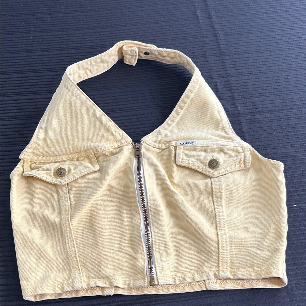 Vintage Guess Pale Yellow Denim Crop Halter Top with Logo Button